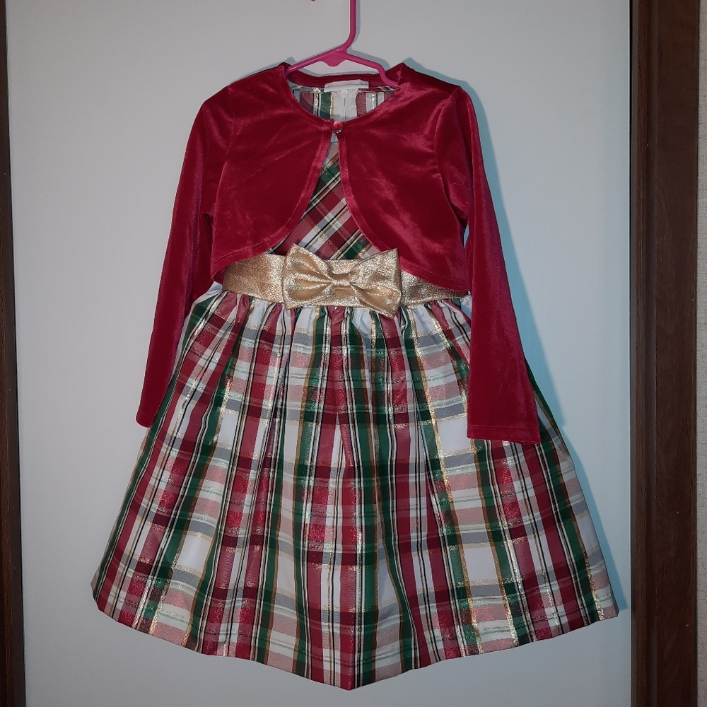 GIRL'S BONNIE JEAN CHRISTMAS DRESS SIZE 5 RED JACKET, GOLD, GREEN